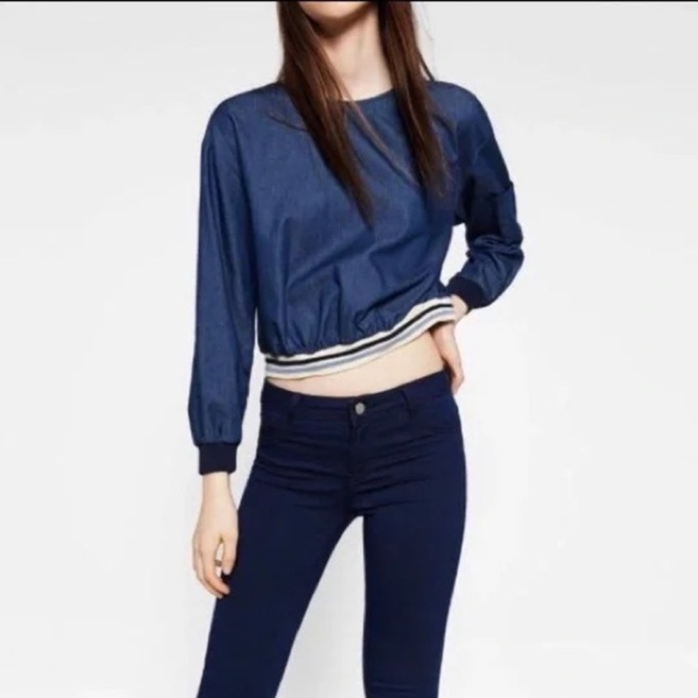 ZARA Trafaluc denimwear Denim Long Sleeve Back Buttons Cropped Top Sz M - Picture 5 of 12